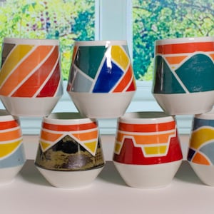 Colorful Geometric Teacups – Wheel-Thrown Porcelain Cups, Handless Ceramic Cups, Hand Painted Japanese-Style Teacups, Colorful Hot Drinkware