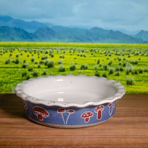Mini 8.25&quot; Ceramic Pie Dish With Fluted Rim & Blue and Red Mushroom Design – Stoneware Bakeware, Wheel-Thrown Ovenware, Deep Dish Pie Plate