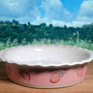 10.75&quot; Ceramic Pie Dish With Carved Strawberry Pattern – Oven-Safe Bakeware, Wheel-Thrown Ovenware, Stoneware Fluted Rim Deep Dish Pie Plate