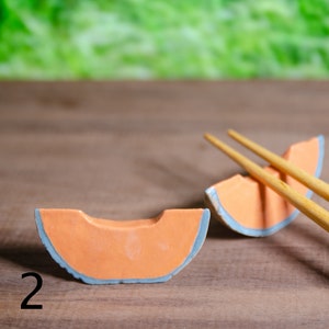 Set Of Melon Slice Porcelain Chopstick Rests – Stoneware Pen & Paintbrush Holder, Ceramic Fruit Knife Rest, Cantaloupe Decor, Flatware Rest