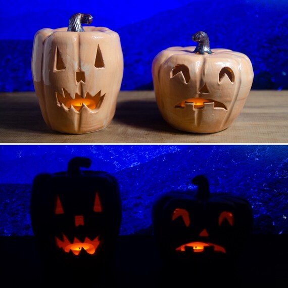 手彫りジャコランタン　TRICK OR TREAT 陶器製ジャック・オー・ランタンのティーライトホルダー：手作り