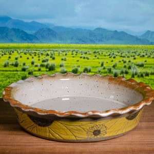 10.5&quot; Ceramic Pie Dish With Fluted Rim & Vibrant Yellow Sunflower Design – Stoneware Bakeware, Wheel-Thrown Ovenware, Deep Dish Pie Plate