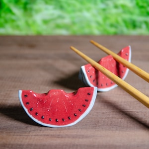 Set Of Watermelon Ceramic Chopstick Rests – Handmade Porcelain Pen & Paintbrush Holder, Fruit Knife Rest, Melon Utensil Rest, Summer Decor