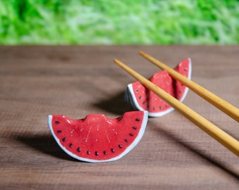 Set Of Watermelon Ceramic Chopstick Rests – Handmade Porcelain Pen & Paintbrush Holder, Fruit Knife Rest, Melon Utensil Rest, Summer Decor