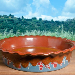10.75&quot; Ceramic Pie Dish With Fluted Rim & Colorful Carved Drippy Mushroom Design– Oven-Safe Stoneware, Wheel-Thrown Ovenware, Blue Pie Plate