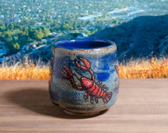 Marine Life Ceramic Cup – Wheel-Thrown Sea Creature Cup, Lobster & Crab Drinkware, Hand Painted Blue Ocean Mug, Starfish Cup, Seafood Cup