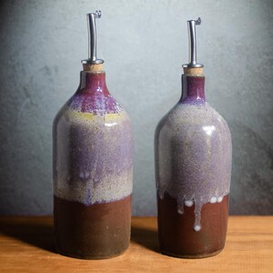 Large Olive Oil Cruet – Ceramic Oil Dispenser Bottle, Wheel-Thrown Cork Top Bottle, Stoneware Cruet, Salad Dressing, Red & Blue Oil Bottle