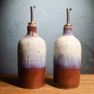 Large Olive Oil Cruet – Ceramic Oil Dispenser Bottle, Wheel-Thrown Cork Top Bottle, Stoneware Cruet, Salad Dressing, Red & Blue Oil Bottle