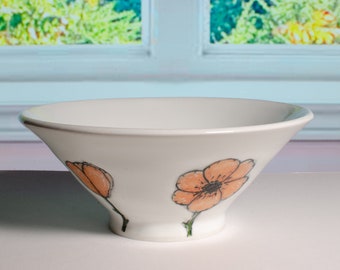 California Poppies Bowl – Wheel-Thrown Porcelain Bowl, Floral Ramen Bowl, Orange Poppy Bowl, Botanical Porcelain Bowl, Medium Poppy Bowl
