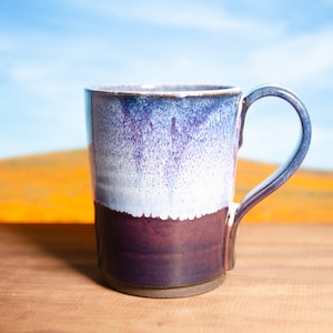 Cranberry Drip Glaze Porcelain Mug – Wheel-Thrown Red White & Blue Coffee Cup, Layered Glaze Ceramic Mug, Cylinder Colorful Stoneware Cup