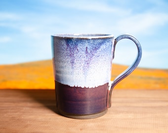Cranberry Drip Glaze Porcelain Mug – Wheel-Thrown Red White & Blue Coffee Cup, Layered Glaze Ceramic Mug, Cylinder Colorful Stoneware Cup