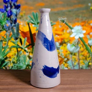 Cobalt Blue & White Porcelain Vase – Wheel-Thrown Bud Vase, Handmade Ceramic Vase With Blue Brushstrokes, Tall Narrow Porcelain Art Vase