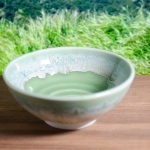Apple Green Bowl – Porcelain Wheel-Thrown Ceramic Bowl, Swirl Design Bowl, Drippy Glaze Bowl, Celadon Bowl, Small Bowl, Light Green Bowl
