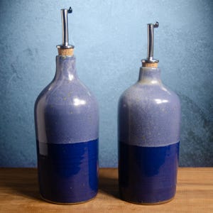 Large Olive Oil Cruet – Ceramic Oil Dispenser Bottle, Wheel-Thrown Cork Top Bottle, Stoneware Cruet, Salad Dressing, Blue & White Oil Bottle