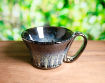 Cresting Wave Mug – Handmade Ceramic Wheel-Thrown Black And Blue Mug, Swirl And Drip Glaze Coffee Cup, Short Tulip Style Wide-Mouth Mug