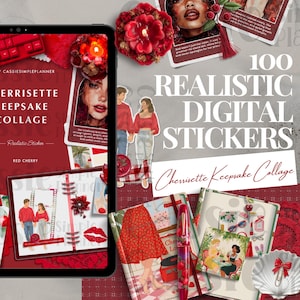 May include: A digital collage featuring a tablet, stickers, and stationery. The tablet displays text: "Cherrisette Keepsake Collage" and "Red Cherry." Stickers include images of people, fashion, and accessories. A red pen and a seashell with a bow are also visible.