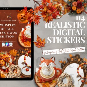 以下が含まれることがあります： 秋をテーマにしたデジタルアート作品。タブレットには「Whispers of Fall Desk Nook Edition」の文字が表示されています。画像には、ホイップクリーム入りの飲み物が入ったキツネ型のマグカップ、紅葉、装飾ステッカーが含まれています。「114 Realistic Digital Stickers」の文字も表示されています。