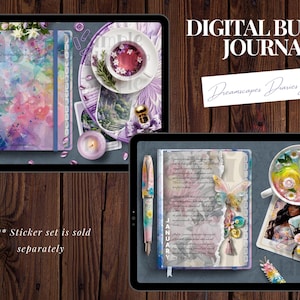 May include: Digital bullet journal with watercolor and floral designs. The journal is open to the January page. The text "Dreamscaper Diary Journal" is visible on a white sticker. The text "Sticker set is sold separately" is visible on a wooden surface.