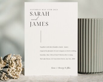 Puede incluir: Una invitación de boda blanca con texto negro que anuncia la boda de Sarah y James el sábado 13 de mayo de 2023 a las cuatro de la tarde. La invitación incluye la ubicación, The Lake House, 123 Anywhere Street, Any City, 4000, y la frase "cena y baile después".
