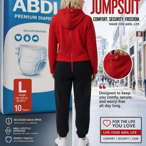 Puede incluir: Una mujer con un mono rojo con capucha y cremallera trasera, pantalones negros y zapatillas blancas. La imagen también muestra un paquete de pañales ABDI Premium, talla L, con el texto "Ultra Soft & Breathable".