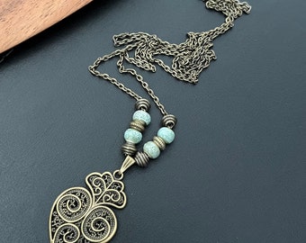 Boho Heart Necklace, Pendant Necklace, Antique Gold Necklace,  Bronze Necklace, Choker, Statement, Bohemian Necklace, Boho Jewelry, Gift