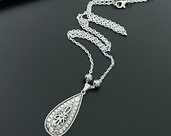 Boho Teardrop Necklace, Silver Plated Pendant, Bohemian Necklace, Choker, Boho Necklace, Silver Plated Charm Necklace, Boho Jewelry, Gift