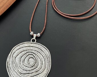 Boho Spiral Necklace, Large Pendant Necklace, Bohemian Necklace, Antique Silver Necklace, Leather Necklace, Choker, Chic Boho Jewelry, Gift