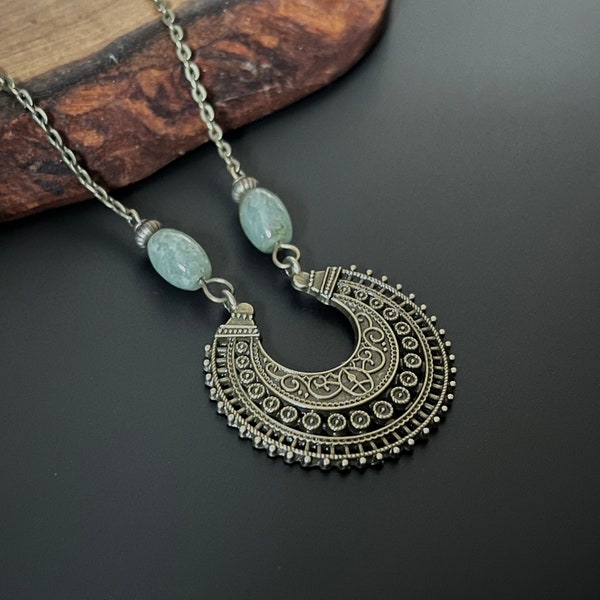 Boho Necklaces, Bronze Necklaces, Boho Necklaces for Women, Bohemian Beaded Necklaces, Statement Ethnic Necklaces, Bronze Pendants, Green