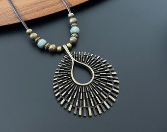 Boho Sunburst Necklace, Tribal Ethnic Necklace, Bronze Beaded Necklace, Teardrop Necklace, Antique Bronze Necklace, Bronze Sun Pendant,