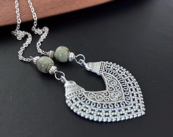 Boho Necklace, Women's Long Necklaces, Silver Ethnic Necklace, Ceramic Beads Necklaces, Mandala Necklaces, Boho Jewellery, Tibetan Silver