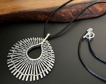 Boho Teardrop Necklace, Large Pendant Necklace, Antique Silver Necklace, Bohemian Sun Necklace, Leather Necklace, Choker, Boho Jewelry, Gift