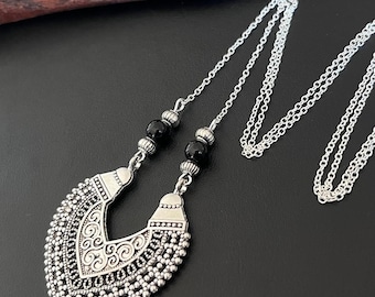 Boho Necklace, Women's Long Necklaces, Silver Ethnic Necklace,Black Beads Necklaces, Mandala Necklaces, Boho Jewellery, Tibetan Silver