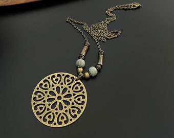 Boho Necklace, Large bronze turquoise beaded Necklace, Bohemian Antique Gold Necklace, Statement Pendant, Boho Jewelry, Gift for her, uk