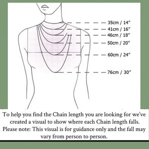 May include: Diagram illustrating necklace chain lengths, with measurements in both centimeters and inches. The image shows a stylized figure with chain lengths ranging from 14 inches (35cm) to 30 inches (76cm). Text at the bottom provides guidance on chain length.