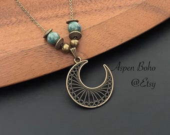 Boho Crescent Moon Necklace with Ceramic Turquoise Beads - Statement Pendant