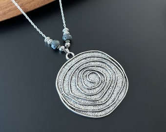 Boho Necklace, Large spiral pendant, Blue ceramic bead Necklace, Antique Silver Necklace, Long Chain Necklace, Boho Jewelry, Charm, Gift, uk