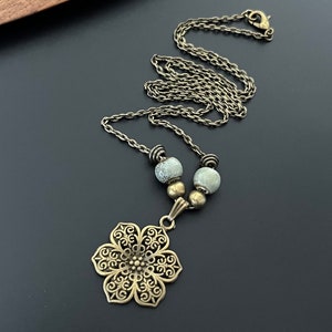 Boho Necklace, Flower Necklace, Ceramic Turquoise Bead, Bohemian Antique Gold Necklace, Statement Pendant, Ethnic Necklace, Boho Jewelry, uk