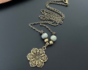 Boho Necklace, Flower Necklace, Ceramic Turquoise Bead, Bohemian Antique Gold Necklace, Statement Pendant, Ethnic Necklace, Boho Jewelry, uk