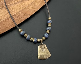 Boho Necklaces, Leather Ethnic Necklaces, Long Beaded Necklaces, Blue Necklace, Antique Bronze Necklaces, Ladies Pendants, Boho Jewellery Uk