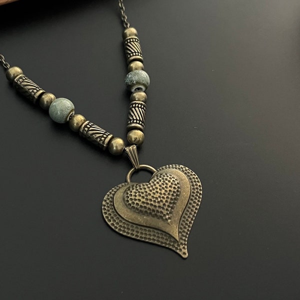 Boho Heart Necklace, Ceramic turquoise Beaded Necklace, Bohemian Antique Gold Necklace, Statement Pendant Necklace, Boho Jewellery, Uk, Gift