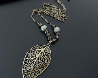 Boho Leaf Necklace, Boho Bead Necklace, Bronze Leaf Pendant, Bohemian Necklace, Antique Necklace, Statement Necklace, Boho Jewelry, Gift