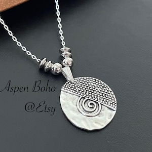 Boho Circular Necklace for Women, Silver Plated Pendant, Silver Charm Necklace, Bohemian Necklace, Spiral, Choker, Boho Jewelry, Gift
