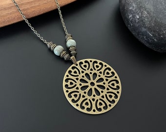 Boho Necklace for Women, Large Bronze Necklace, Bohemian, Antique, Gold Necklace, Beaded Statement Pendant, Choker, Boho Jewelry, Gift