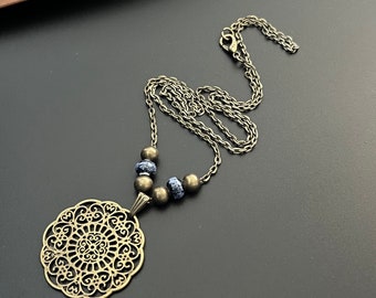 Boho Necklace, Charm Necklace Ceramic blue beads, Bohemian Antique Gold Necklace, Statement Pendant Necklace, Boho Jewelry, uk, gift for her