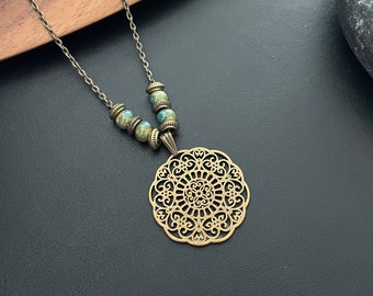 Boho Mandala Necklace, Circular Bronze Necklace, Bronze Pendant, Boho Jewellery, Necklace for Women, Statement Necklace, Gift For Her