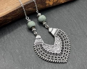 Boho ketting, lange kettingen voor dames, zilveren etnische ketting, keramische kralen kettingen, Mandala kettingen, Boho sieraden, Tibetaans zilver