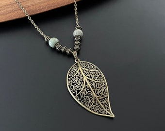 Boho Leaf Necklace, Ceramic light turquoise Beaded Necklace, Bohemian Antique Gold Necklace, Statement Pendant Necklace, Boho Jewellery, Uk,