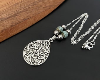 Boho Necklace for Women, Floral Necklace, Bohemian Teardrop Silver Necklace, Statement, Pendant, Choker, Ethnic Necklace, Boho Jewelry, Gift