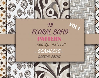 Boho Floral Digital Paper, 18 Seamless Patterns (Digital Download)