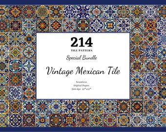 May include: A collection of 214 vintage Mexican tile patterns in a digital paper format. The tiles are colorful and feature intricate designs. The tiles are 12 inches by 12 inches and 300 dpi.